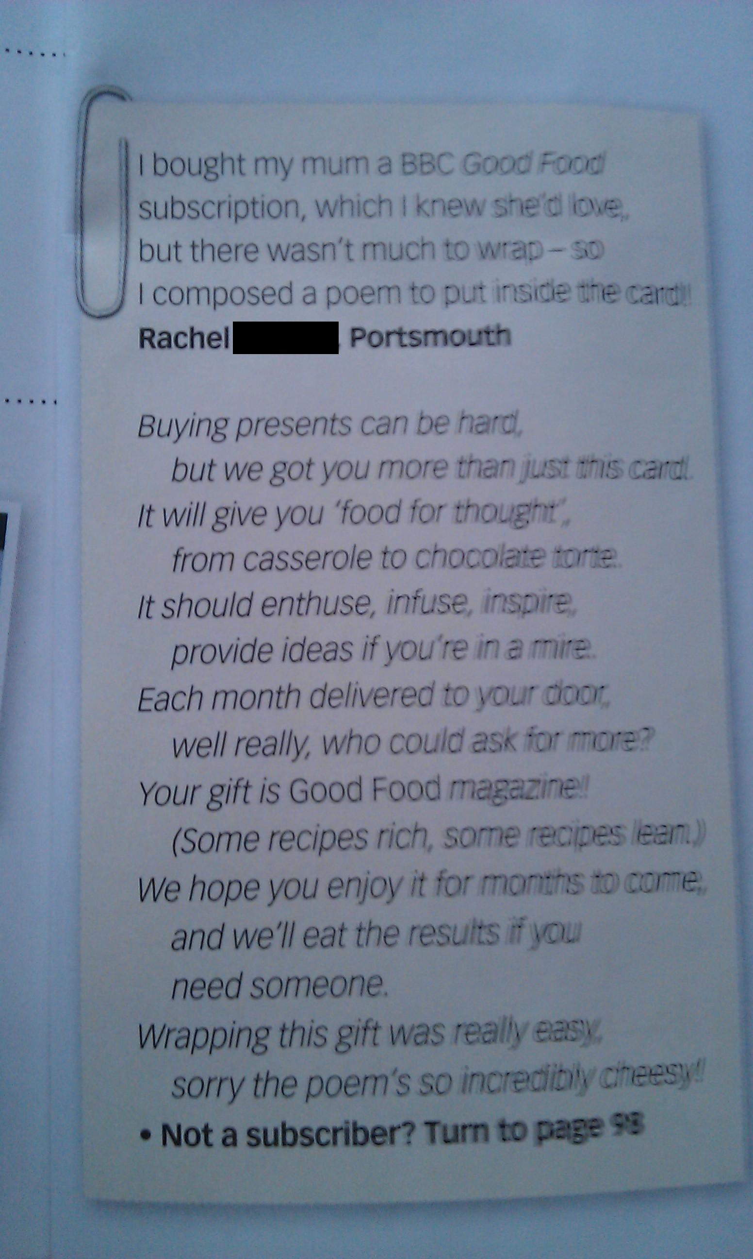 Picture of poem in Good Food magazine